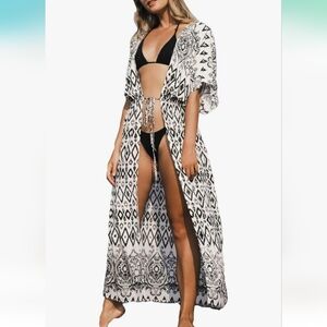 Black & White Viscose Kimono Caftan – Breezy Swim Cover-Up -Effortless Style